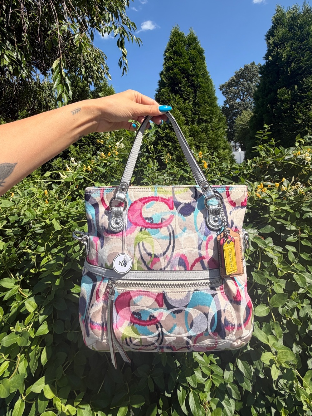 Coach Multicolor Signature Canvas Shoulder Bag with Pink, Blue and Green Accents